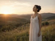Anna steht in der Abenddämmerung auf einer weiten Wiese.