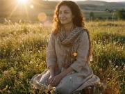 Anna befindet sich bei Sonnenuntergang auf einer Wiese.