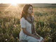 Anna steht bei Sonnenuntergang auf einer Wiese.